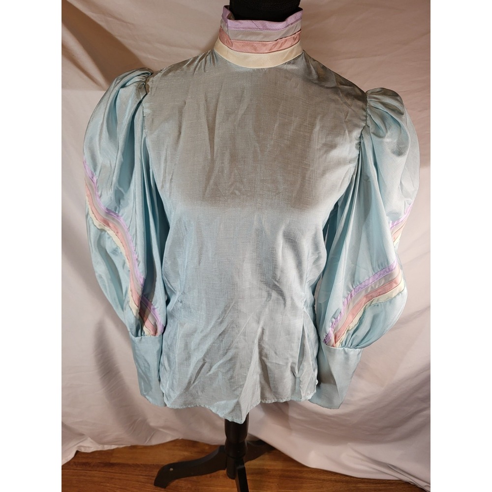 Vintage 80s Jane Elliot Sky Blue Pastel Victorian Extremely Puffed Sleeve Blouse - Picture 1 of 7